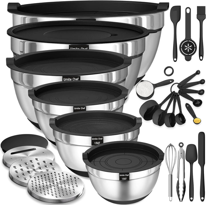 Mixing Bowls with Airtight Lids Set, 26PCS Stainless Steel Khaki Bowls with Grater Attachments, Non-Slip Bottoms & Kitchen Gadgets Set, Size 7, 4, 2.5, 2.0,1.5, 1QT, Great for Mixing & Serving