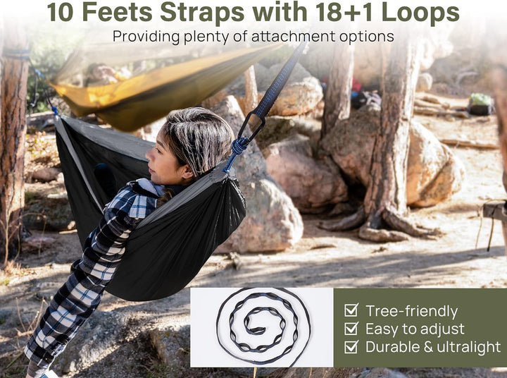 Camping Hammock, Camping Essentials, Lightweight Portable Double & Single Hammock with Tree Straps, Camping Gear for outside Hiking Camping Beach Backpack Travel