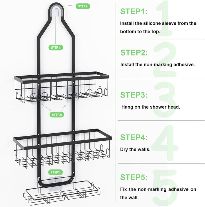 Shower Caddy Hanging over Shower Head, Height Adjustable Bathroom Black Rustproof Shower Organizer Hanging Shelf Storage with 2 Soap Holders, Hooks for Towels, Sponge, Razor