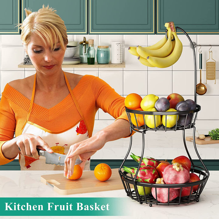 2-Tier Fruit Basket Bowl Stackable Vegetable Storage with Banana Tree Hanger Stand for Kitchen Countertop, Metal Wire Basket for Bread Onions Potatoes Black