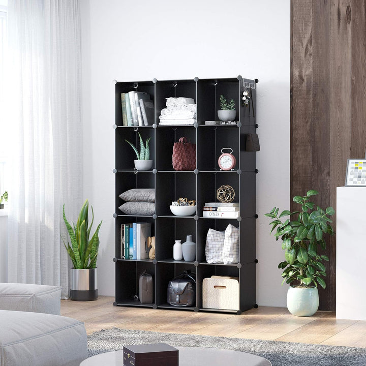 Cube Storage Organizer, 16-Cube Shelves Units for Closet, DIY Plastic Modular Bookshelf, Bookcase, Storage Cubes Ideal for Bedroom, Living Room, 48.4" L × 12.4" W × 48.4" H Black SUM3016H