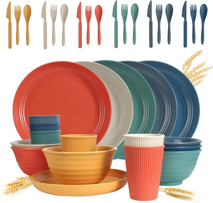 Wheat Straw Dinnerware Sets - 36 Piece Unbreakable Dinnerware Sets, Reusable Wheat Straw Plates and Bowls Sets, Travel Camping Cutlery Set, Dishwasher Microwave Safe Dinnerware