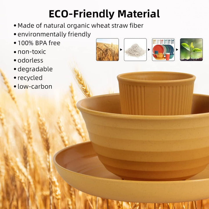 Wheat Straw Dinnerware Sets - 36 Piece Unbreakable Dinnerware Sets, Reusable Wheat Straw Plates and Bowls Sets, Travel Camping Cutlery Set, Dishwasher Microwave Safe Dinnerware