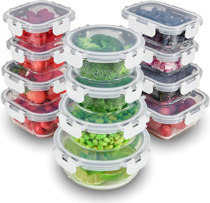 24 Piece Glass Storage Containers with Lids - Leak Proof, Dishwasher Safe Glass Food Storage Containers for Meal Prep or Leftovers, Gray