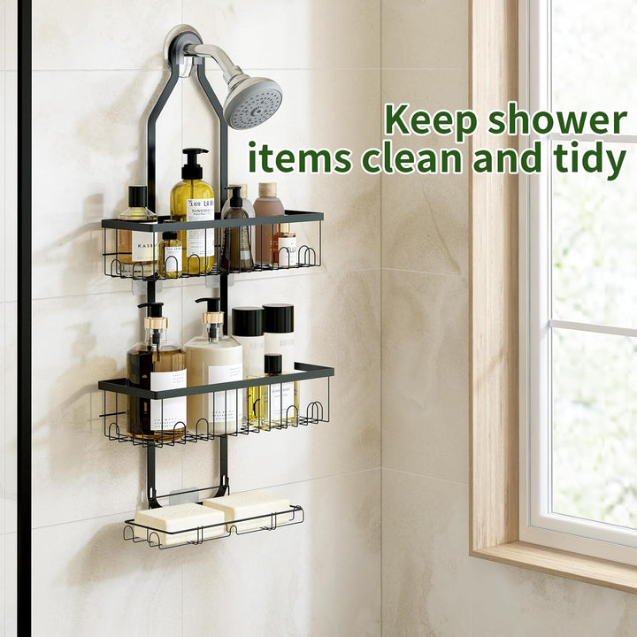 Shower Caddy Hanging over Shower Head, Height Adjustable Bathroom Black Rustproof Shower Organizer Hanging Shelf Storage with 2 Soap Holders, Hooks for Towels, Sponge, Razor