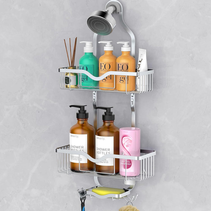 Bathroom Hanging Shower Organizer, over Head Shower Caddy Shower Storage Rack Basket with Hooks for Razor and Sponge Rustproof, Black 