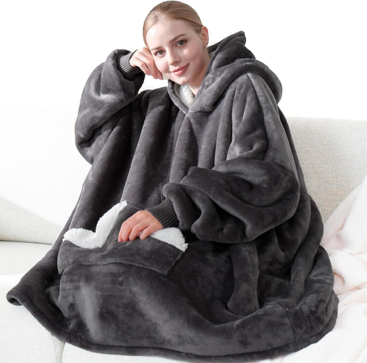 Wearable Blanket Hoodie, Oversized Sherpa Blanket Sweatshirt with Hood Pocket and Sleeves, Super Soft Warm Plush Hooded Blanket for Adult Women Men, One Size Fits All