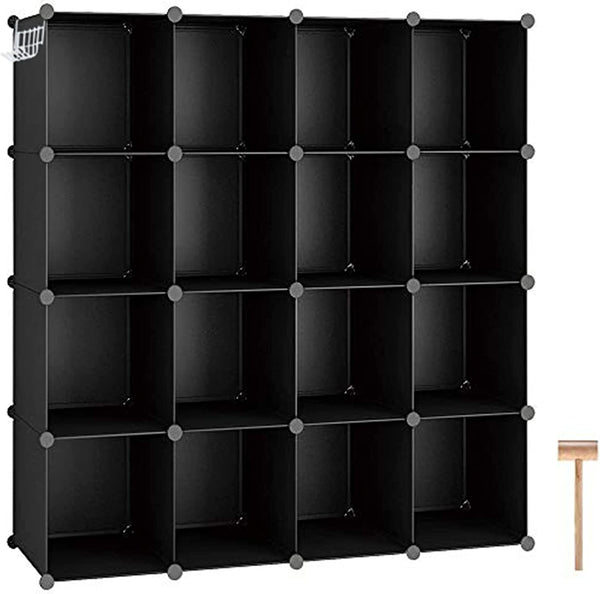 Cube Storage Organizer, 16-Cube Shelves Units for Closet, DIY Plastic Modular Bookshelf, Bookcase, Storage Cubes Ideal for Bedroom, Living Room, 48.4" L × 12.4" W × 48.4" H Black SUM3016H