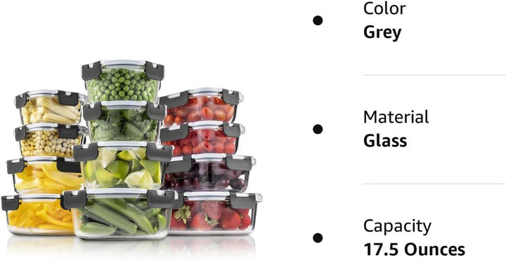 24 Piece Glass Storage Containers with Lids - Leak Proof, Dishwasher Safe Glass Food Storage Containers for Meal Prep or Leftovers, Gray