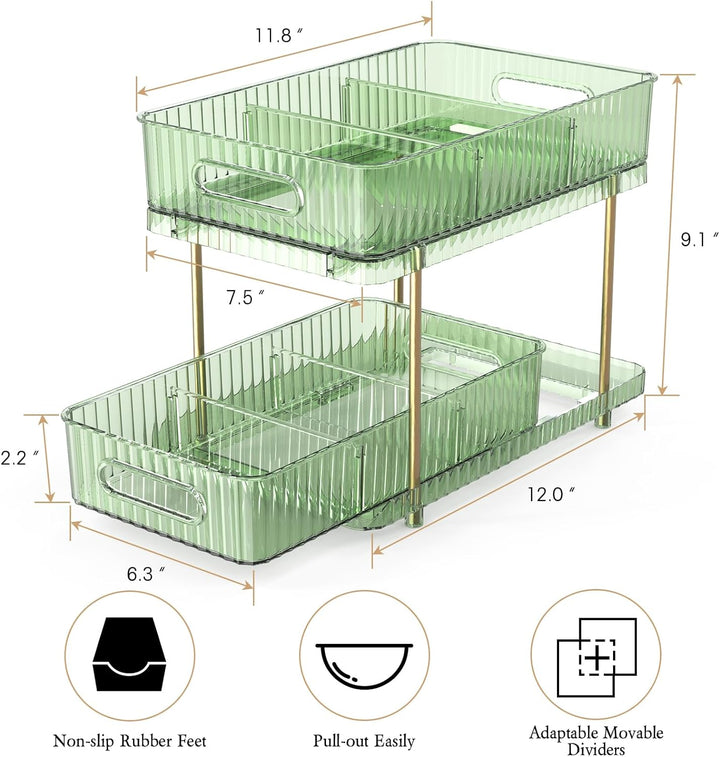 Skincare Organizers for Vanity 2 Tier, Large Capacity Makeup Storage Countertop for Perfumes, Cosmetics, Lipsticks, Jewelry, Nail Care, Ideal for Bedroom, Bathroom and Cabinet-Gem Green