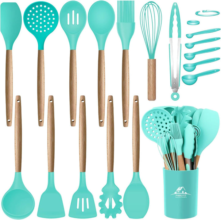 MIBOTE 17 Pcs Silicone Cooking Kitchen Utensils Set with Holder, Wooden Handles Cooking Tool BPA Free Turner Tongs Spatula Spoon Kitchen Gadgets Set for Nonstick Cookware (Teal)