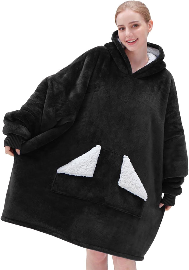 Wearable Blanket Hoodie, Oversized Sherpa Blanket Sweatshirt with Hood Pocket and Sleeves, Super Soft Warm Plush Hooded Blanket for Adult Women Men, One Size Fits All