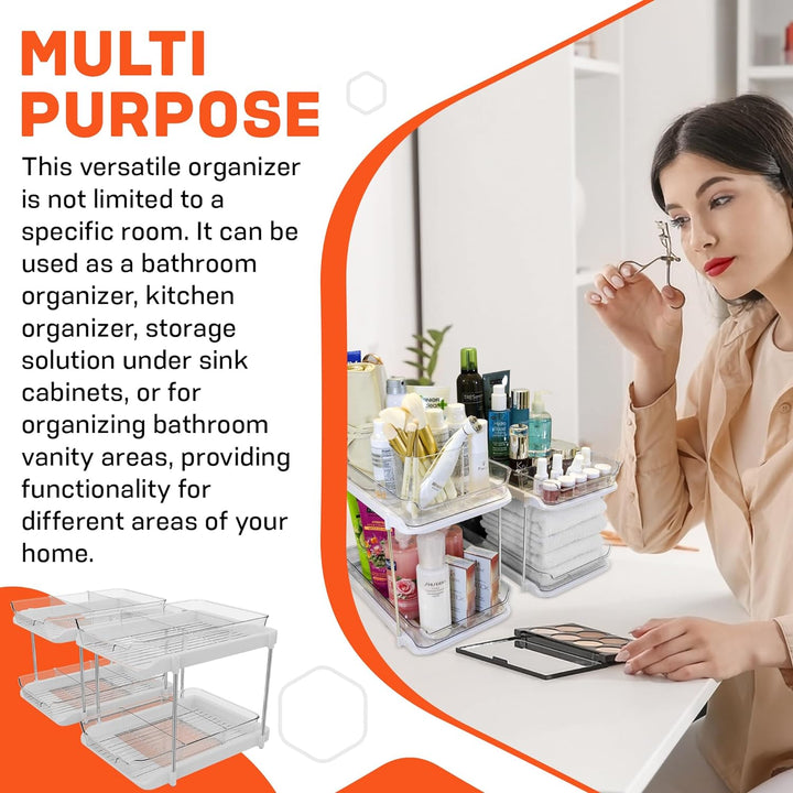 2 Pack of 2 Tier under Sink Storage Organizer for Bathroom, Kitchen Sink Organizer under Cabinet, Pull Out Eustatian and Make up Cabinet Undersink Organizers Bathroom with Movable Dividers…