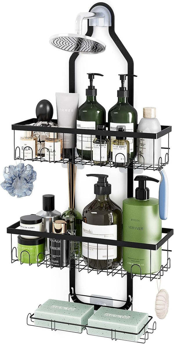 Shower Caddy Hanging over Shower Head, Height Adjustable Bathroom Black Rustproof Shower Organizer Hanging Shelf Storage with 2 Soap Holders, Hooks for Towels, Sponge, Razor