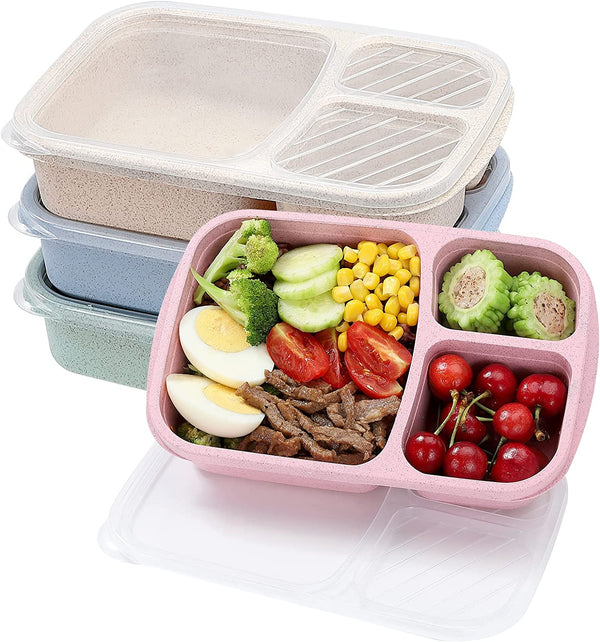 4 Pack Bento Lunch Box Set 3 Compartment Wheat Straw Meal Prep Food Storage Containers Plastic, Microwave and Dishwasher Safe (3 Compartment)