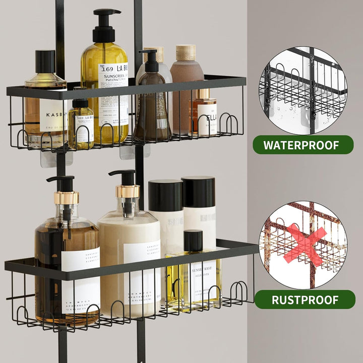 Shower Caddy Hanging over Shower Head, Height Adjustable Bathroom Black Rustproof Shower Organizer Hanging Shelf Storage with 2 Soap Holders, Hooks for Towels, Sponge, Razor