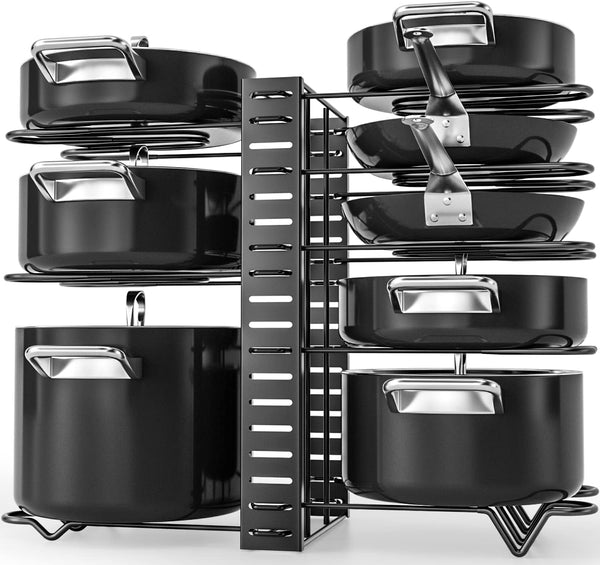 Pot Rack Organizers, 8 Tiers Pots and Pans Organizer for Kitchen Organization & Storage, Adjustable Pot Lid Holders & Pan Rack for Kitchen, Lid Organizer for Pots and Pans with 3 DIY Methods