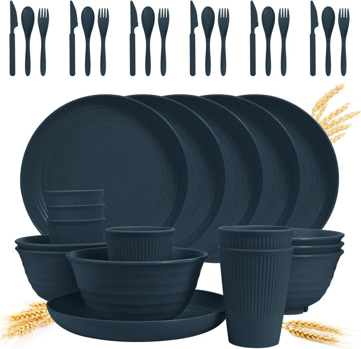 Wheat Straw Dinnerware Sets - 36 Piece Unbreakable Dinnerware Sets, Reusable Wheat Straw Plates and Bowls Sets, Travel Camping Cutlery Set, Dishwasher Microwave Safe Dinnerware