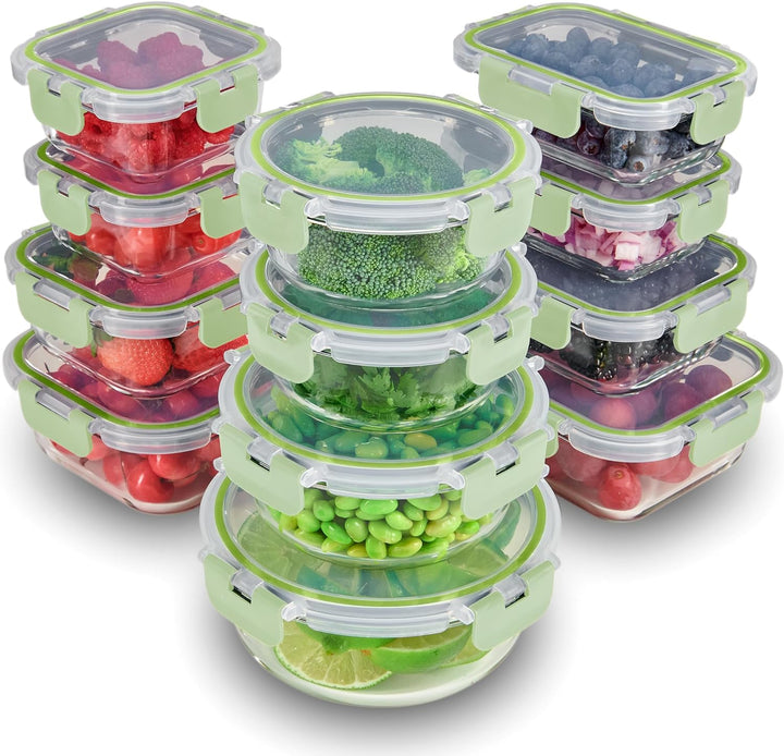 24 Piece Glass Storage Containers with Lids - Leak Proof, Dishwasher Safe Glass Food Storage Containers for Meal Prep or Leftovers, Gray