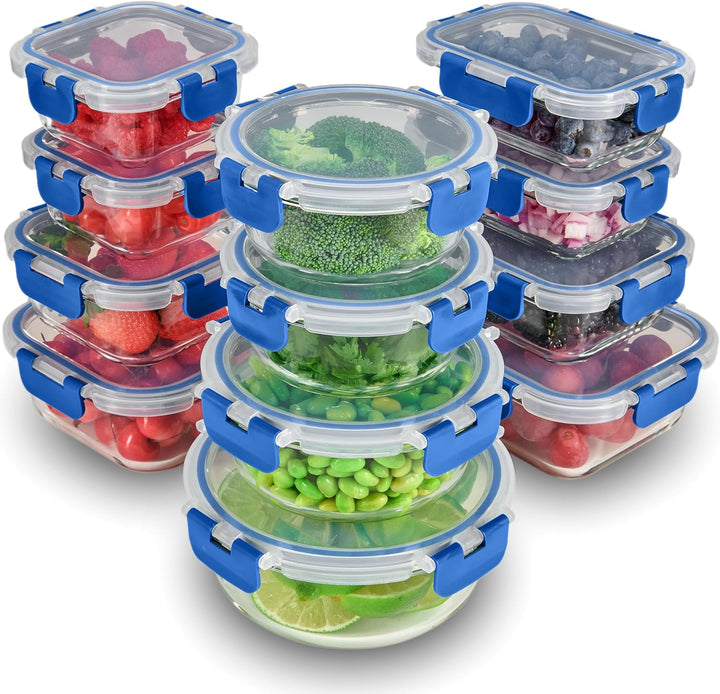 24 Piece Glass Storage Containers with Lids - Leak Proof, Dishwasher Safe Glass Food Storage Containers for Meal Prep or Leftovers, Gray