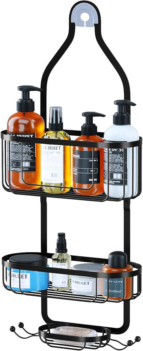 Bathroom Hanging Shower Organizer, over Head Shower Caddy Shower Storage Rack Basket with Hooks for Razor and Sponge Rustproof, Black 