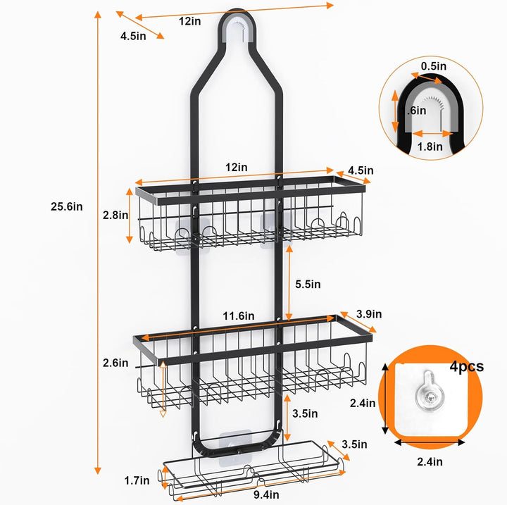 Shower Caddy Hanging over Shower Head, Height Adjustable Bathroom Black Rustproof Shower Organizer Hanging Shelf Storage with 2 Soap Holders, Hooks for Towels, Sponge, Razor