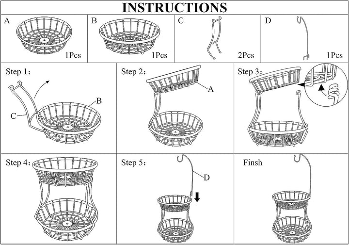 2-Tier Fruit Basket Bowl Stackable Vegetable Storage with Banana Tree Hanger Stand for Kitchen Countertop, Metal Wire Basket for Bread Onions Potatoes Black