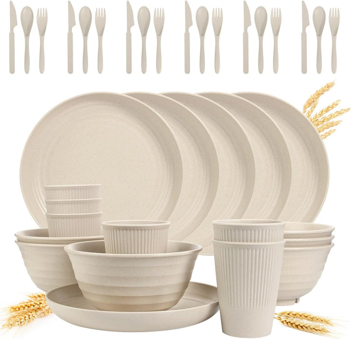 Wheat Straw Dinnerware Sets - 36 Piece Unbreakable Dinnerware Sets, Reusable Wheat Straw Plates and Bowls Sets, Travel Camping Cutlery Set, Dishwasher Microwave Safe Dinnerware