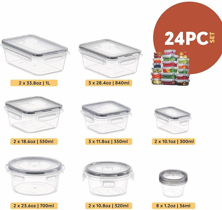 24 Pcs Airtight Food Storage Container Set - BPA Free Clear Plastic Kitchen and Pantry Organization Meal Prep Lunch Container with Durable Leak Proof Lids - Labels, Marker & Spoon Set