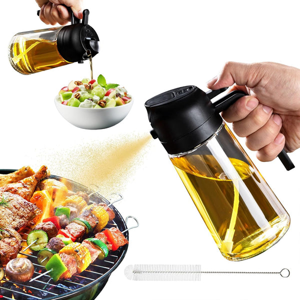 Oil Dispenser Bottle for Kitchen - 16Oz / 470Ml Olive Oil Bottle - 2 in 1 Olive Oil Dispenser & Oil Sprayer with Brush - Oil Sprayer for Cooking, Salad, Barbecue Black