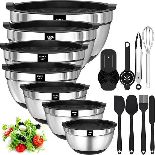 Mixing Bowls with Airtight Lids, 20 Piece Stainless Steel Metal Nesting Bowls, Non-Slip Silicone Bottom, Size 7, 3.5, 2.5, 2.0,1.5, 1,0.67QT Great for Mixing, Baking, Serving (Black)