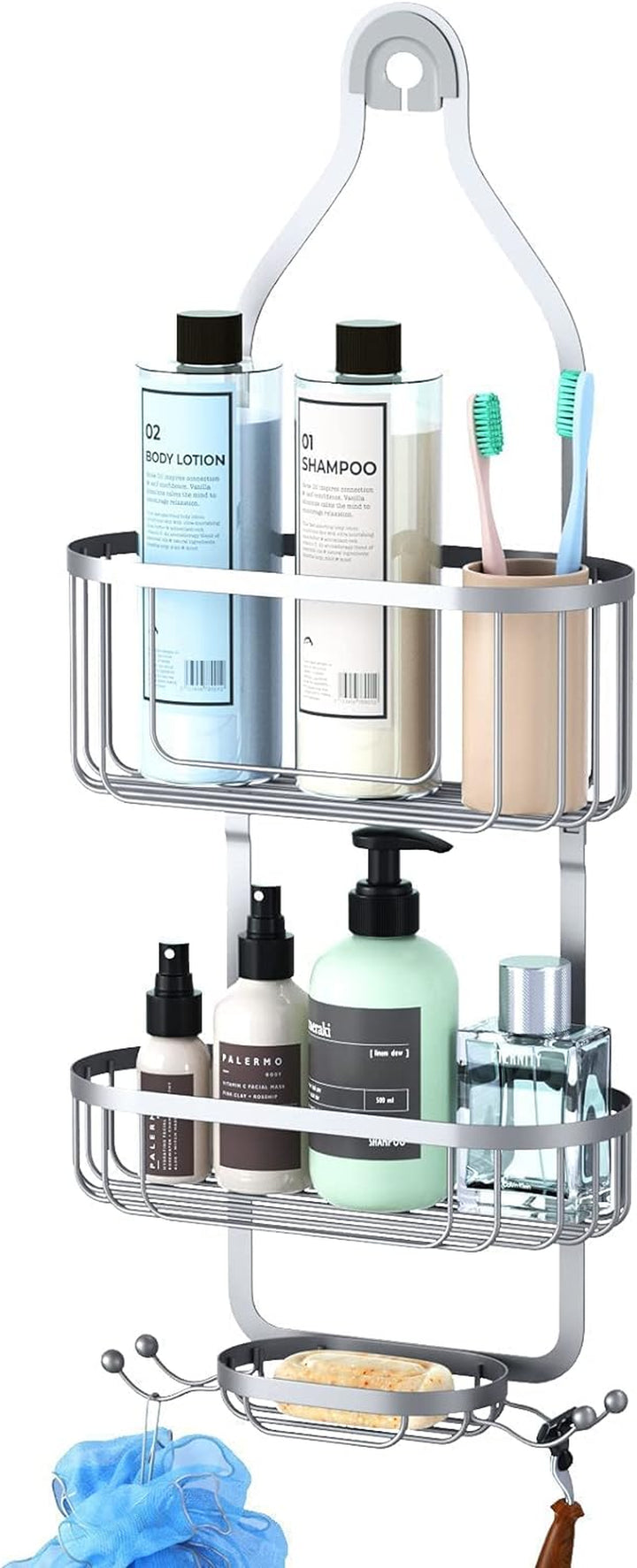 Bathroom Hanging Shower Organizer, over Head Shower Caddy Shower Storage Rack Basket with Hooks for Razor and Sponge Rustproof, Black 