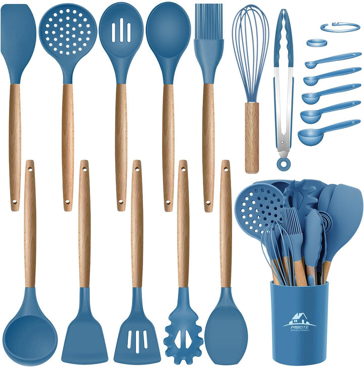 MIBOTE 17 Pcs Silicone Cooking Kitchen Utensils Set with Holder, Wooden Handles Cooking Tool BPA Free Turner Tongs Spatula Spoon Kitchen Gadgets Set for Nonstick Cookware (Teal)