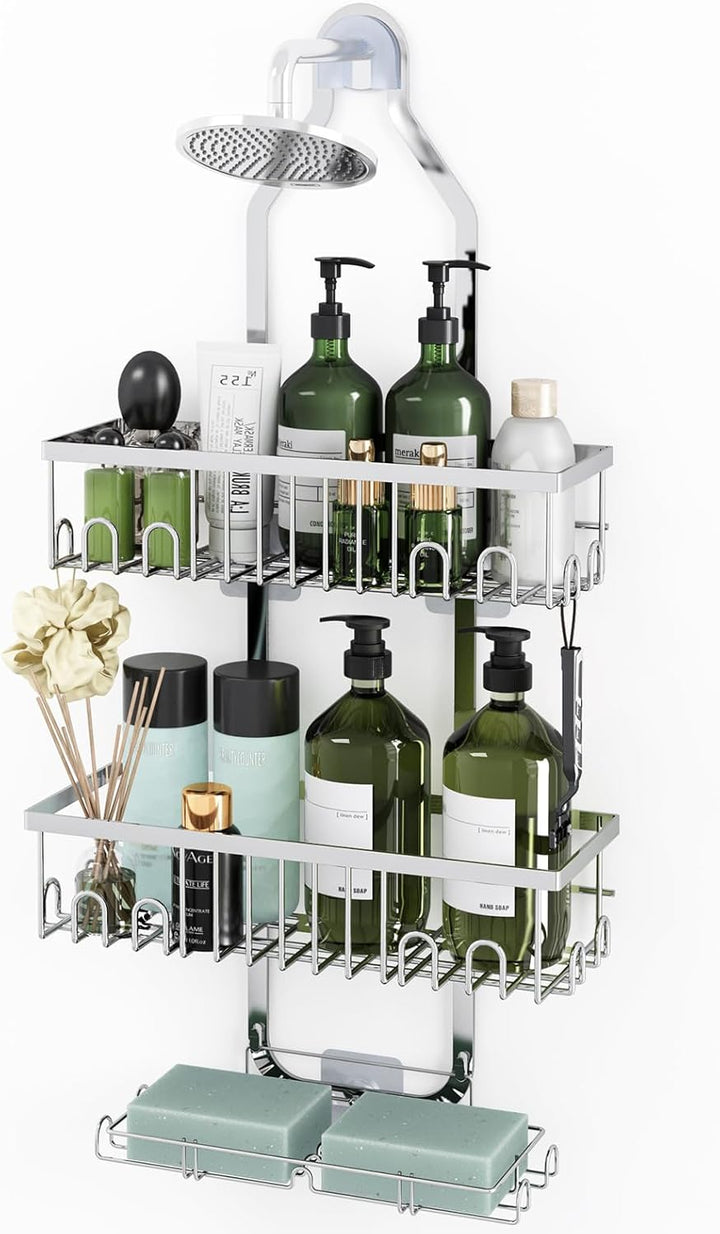 Shower Caddy Hanging over Shower Head, Height Adjustable Bathroom Black Rustproof Shower Organizer Hanging Shelf Storage with 2 Soap Holders, Hooks for Towels, Sponge, Razor