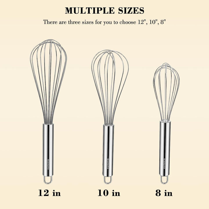 Stainless Steel Whisk Set 8" 10" 12" Kitchen Whisk Balloon Whisk Kitchen Wisk Wire Whisks for Cooking, Whisking, Blending, Beating, Stirring-3 Pack…