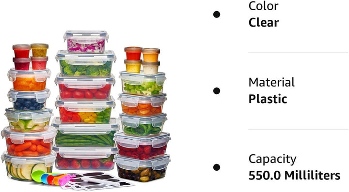 24 Pcs Airtight Food Storage Container Set - BPA Free Clear Plastic Kitchen and Pantry Organization Meal Prep Lunch Container with Durable Leak Proof Lids - Labels, Marker & Spoon Set