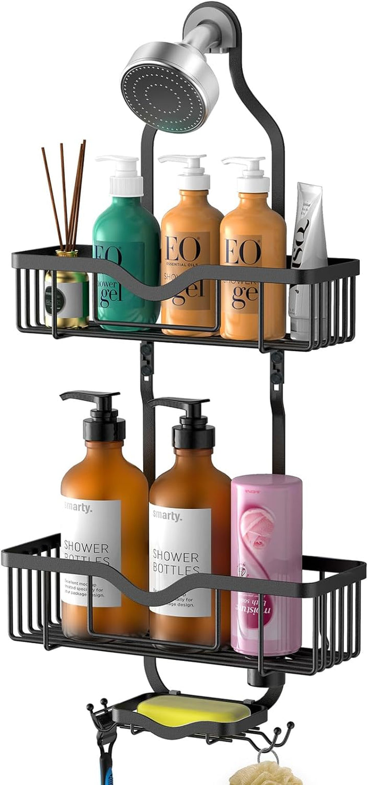 Bathroom Hanging Shower Organizer, over Head Shower Caddy Shower Storage Rack Basket with Hooks for Razor and Sponge Rustproof, Black 