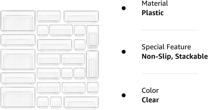 25 PCS Clear Plastic Drawer Organizers Set, 4-Size Versatile Bathroom and Vanity Drawer Organizer Trays, Storage Bins for Makeup, Bedroom, Kitchen Gadgets Utensils and Office