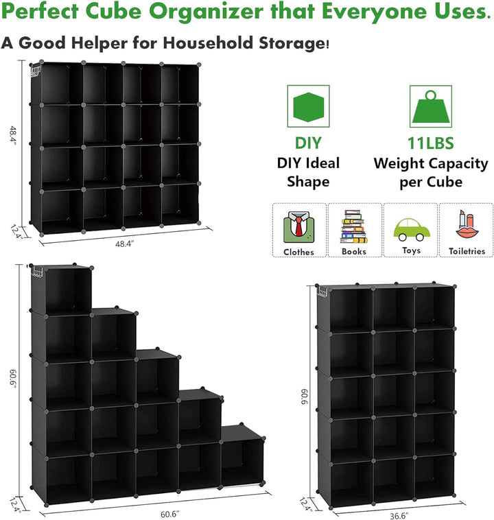 Cube Storage Organizer, 16-Cube Shelves Units for Closet, DIY Plastic Modular Bookshelf, Bookcase, Storage Cubes Ideal for Bedroom, Living Room, 48.4" L × 12.4" W × 48.4" H Black SUM3016H