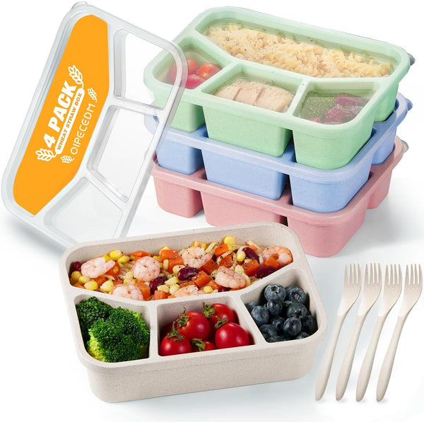 4 Pack Bento Lunch Box, 4 Compartment Wheat Straw Meal Prep Containers for Kids/Toddle/Adults, BPA Free Reusable Food Snack Storage Containers, Durable Bento Box for School, Work and Travel