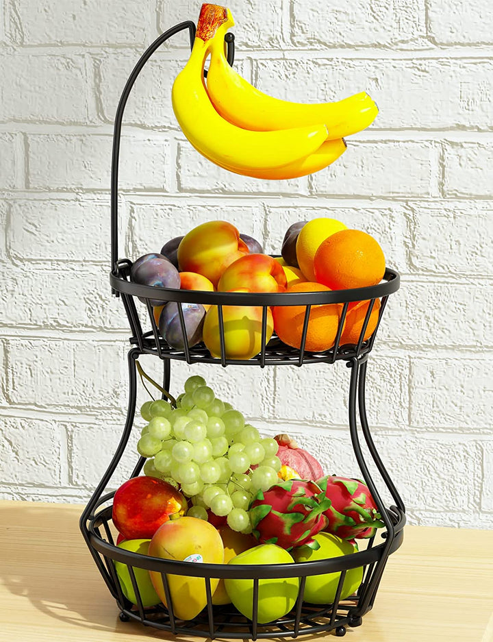 2-Tier Fruit Basket Bowl Stackable Vegetable Storage with Banana Tree Hanger Stand for Kitchen Countertop, Metal Wire Basket for Bread Onions Potatoes Black