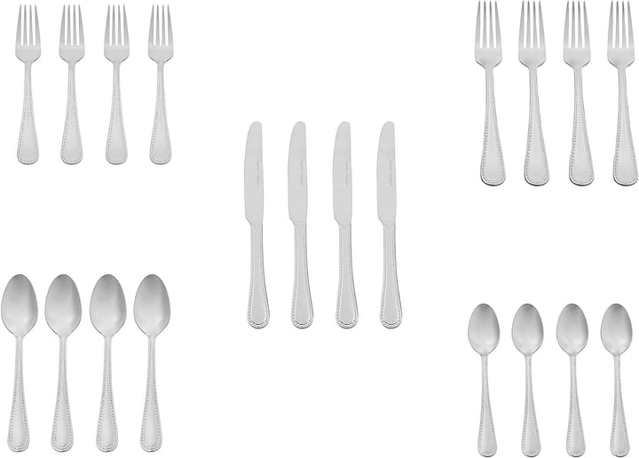 20-Piece Stainless Steel Flatware Set with Pearled Edge, Service for 4, Silver