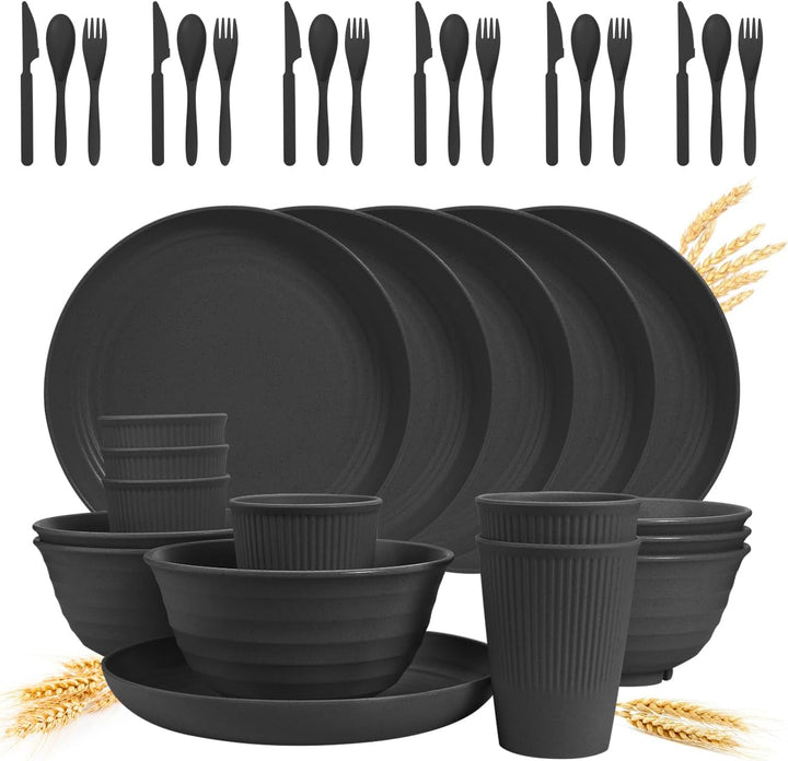 Wheat Straw Dinnerware Sets - 36 Piece Unbreakable Dinnerware Sets, Reusable Wheat Straw Plates and Bowls Sets, Travel Camping Cutlery Set, Dishwasher Microwave Safe Dinnerware