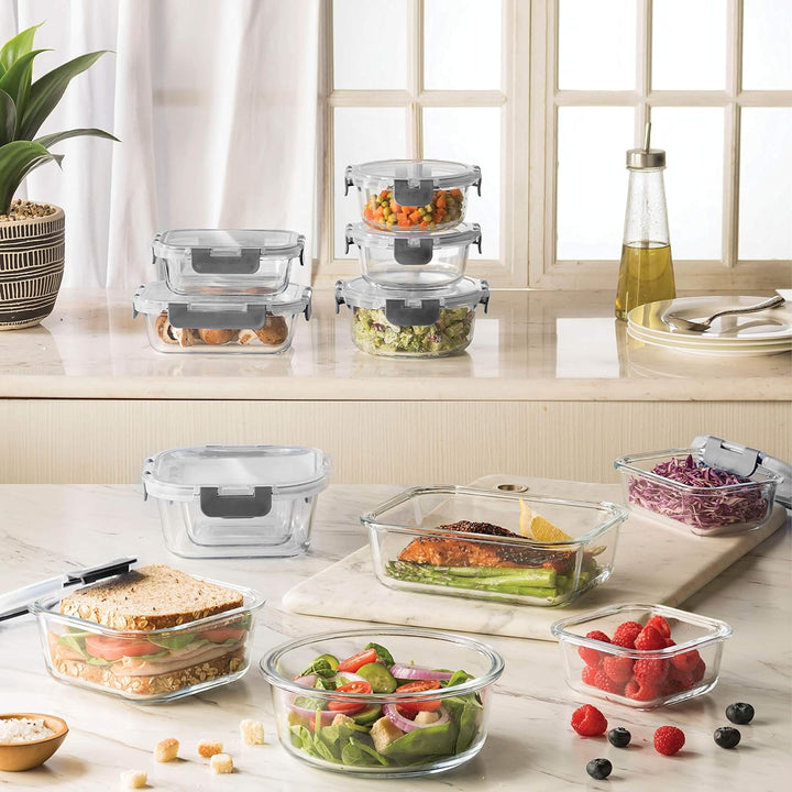 24 Piece Glass Storage Containers with Lids - Leak Proof, Dishwasher Safe Glass Food Storage Containers for Meal Prep or Leftovers, Gray