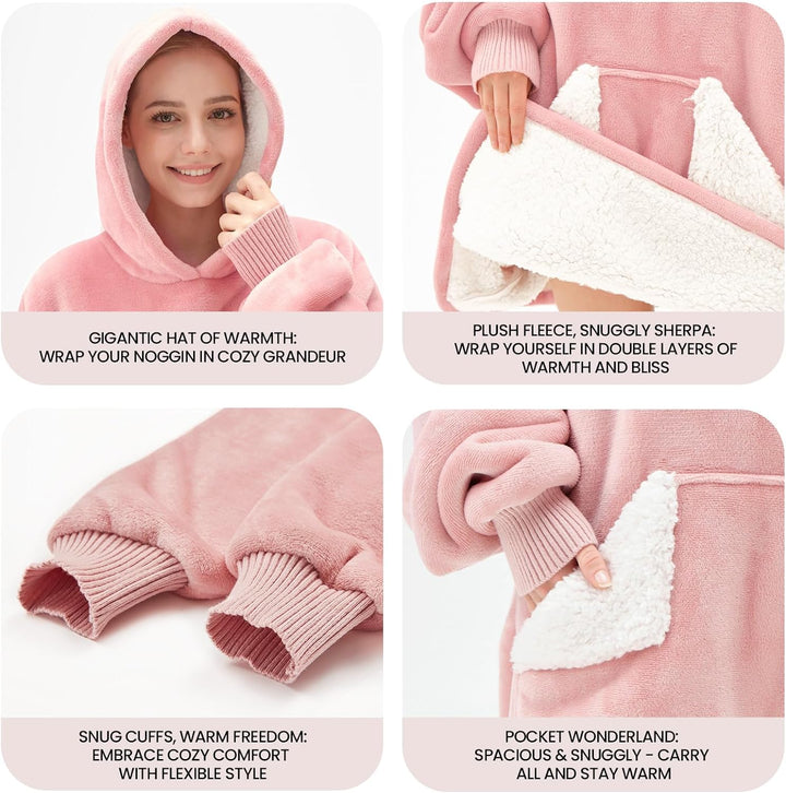 Wearable Blanket Hoodie, Oversized Sherpa Blanket Sweatshirt with Hood Pocket and Sleeves, Super Soft Warm Plush Hooded Blanket for Adult Women Men, One Size Fits All