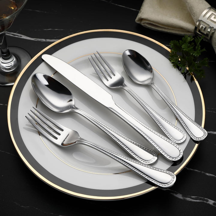 20-Piece Stainless Steel Flatware Set with Pearled Edge, Service for 4, Silver